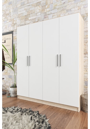 Ae-1059 Milano Beyaz Sonomo 4 Kapaklı Gardırop 11 Raflı 2 Askılık