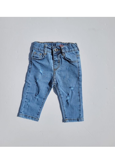 Erkek Bebek Beli Lastikli Yırtık Detaylı Kot Pantolon-11699-kot Mavi