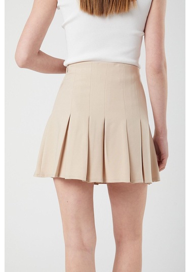 4155 Kadın Zincir Detay Pileli Mini Etek Bej Bej