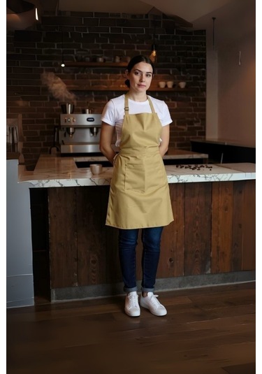 Büro Ev Ofis Mutfağı İçin Bej Kafe Stil Cepli Boyundan Ayarlı Servis Önlüğü Diğer