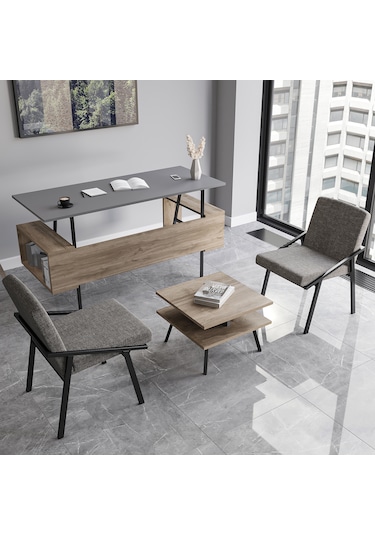 Lagomood İrony Maxi İki Koltuklu Ofis Takım Antrasit Ceviz