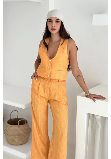 Çizgili Kumaş Yelek Takım Turuncu Turuncu