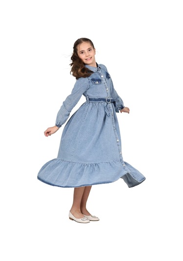 Kız Çocuk Kot Elbise Denim Kumaş Pamuklu Uzun Kot Jean Elbise Buz Mavi