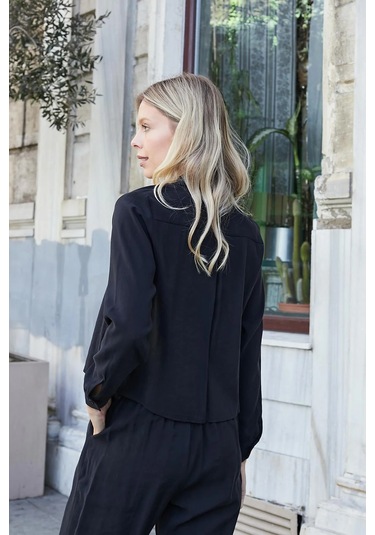 Kadın Likrasız Modal Kumaş Uzun Kol Hafif Kısa Gömlek-siyah Siyah