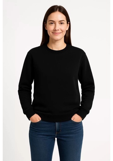 Kadın Üç İplik Düz Bisiklet Yaka Sweatshirt - Siyah Siyah