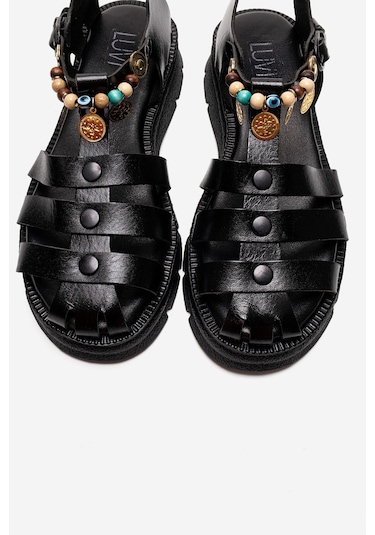 Luvishoes Solıs Siyah Hakiki Deri Boncuklu Kadın Sandalet