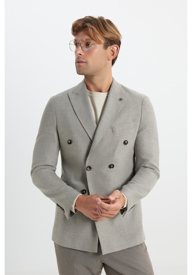 Erkek Vızon Yünlü Slim Fit Dar Kesim Kırlangıç Yaka Kapak Cepli Blazer Ceket Vizon