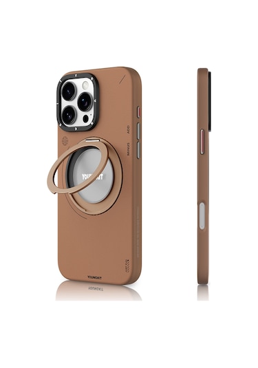 iPhone Uyumlu 16 Pro Max Kılıf Magsafe Özellikli 360 Standlı Deri Desenli Youngkit Tech Leather Serisi