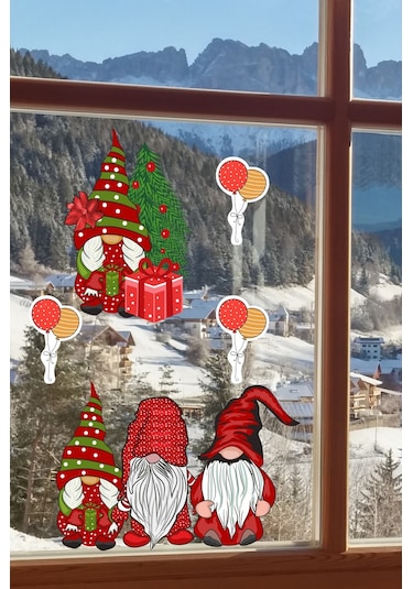 Yılbaşı Cüceler Ve Balonlar Pencere Sticker Yılbaşı Sevimli Cüceler Sticker