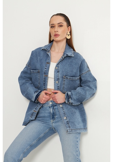 Oversize Kadın Jean Ceket Effect Orta Mavi