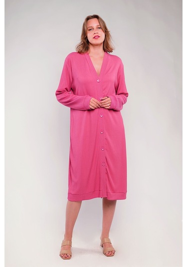 Gabria Ön Düğmeli Seul Uzun Hırka Gül