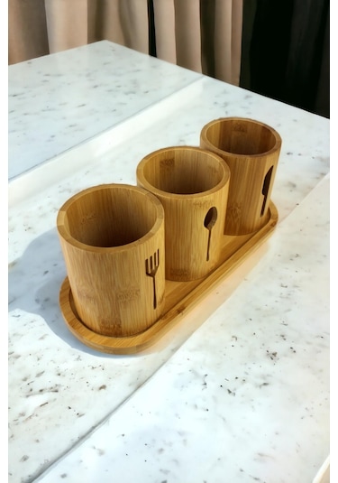 Bambu Stant Kaşıklık Kepçe 3 Bölmeli
