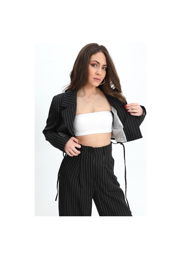 Ceket Kısa Vatkalı Fleto Cepli Çizgili - Siyah-siyah Siyah