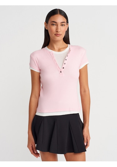 Dilvin 31783 Çift Katlı Düğmeli T-shirt-toz Pembe Toz Pembe
