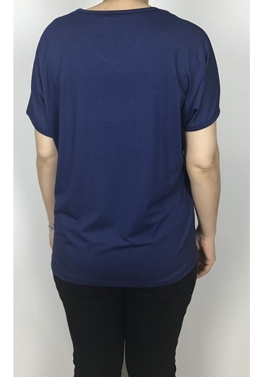 Kısa Kol V Yaka Likralı Düz Penye Bluz Mavi