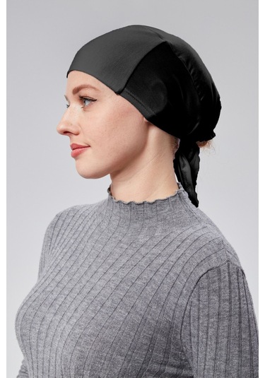 Kadın Tesettür Likralı Penye Dikişsiz Kaymaz Düz Bağlamalı Bone Siyah