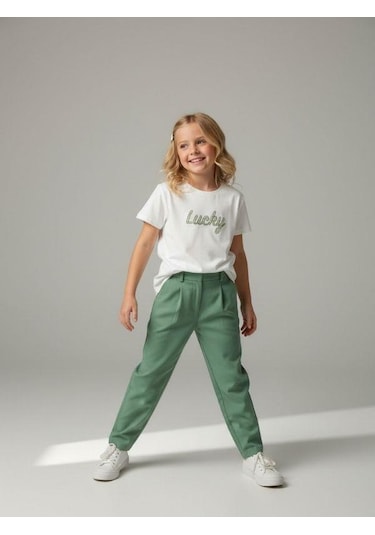 Zekids Kız Çocuk Lucky Baskılı Pamuklu T-shirt-16886 Ekru