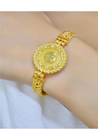 Çeyrekli Halat Örgülü Kelepçe Sarı Altın