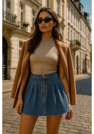 Kadın Şık Pileli Yazlık Mini Jean Etek Mavi