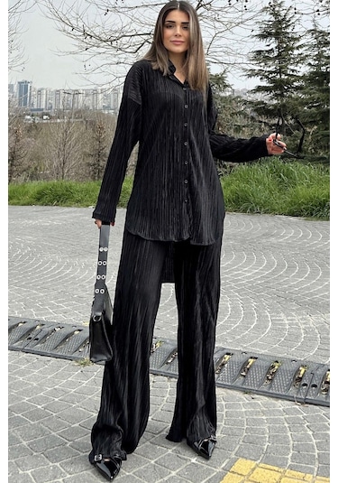 Kadın Siyah Uzun Tunik Gömlek & Beli Lastikli, Bol Paça Pantolon - Salaş Bürümcük Takım Siyah