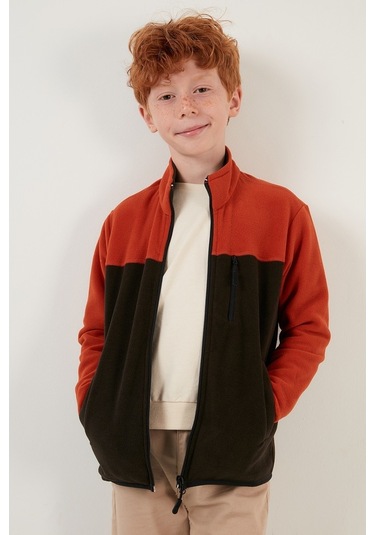 Lela Yumuşak Dokulu Fermuarlı Renk Bloklu Dik Yaka Cepli Hırka Unisex Çocuk Polar 5905001 Orange-Antrasit