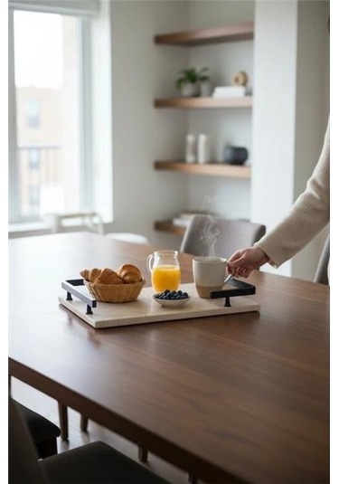 Akayev Traverten Siyah L Dizayn 30x20 Cm Tepsi Beyaz