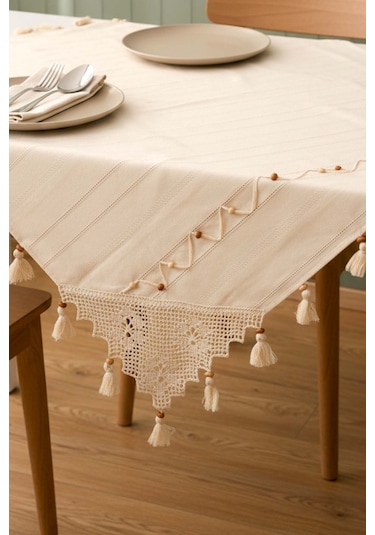 Boncuk Detaylı Güpürlü Kare Runner 90x90 Cm Krem