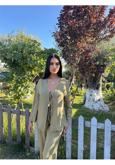 WeShaya Haki Kruvaze Saten Bağlamalı Takım Haki