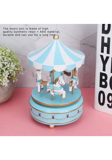Kosona Mavi Devrilen Atlı Karuseli Müzik Kutusu - Ev Dekorasyonu, Pastalarda Kullanılabilir, Doğum Günü Hediyesi