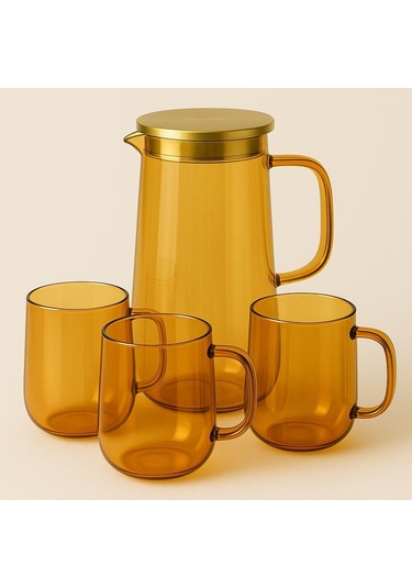 Qerhome Borosilikat Cam Amber Su Takımı 4 Bardaklı 1600 Ml + 400 Ml Gnl