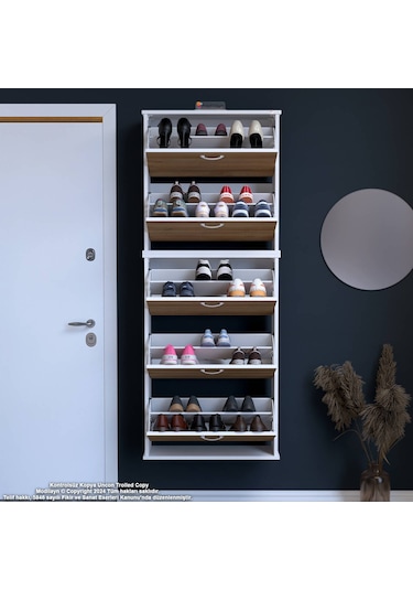 Modilayn Varbi Umay' 2 Li Asma Antre 72x181x25, 5 Cm Lik 5 Düşer Kapak 10 Göz Bölme Ayakkabılık Beyaz - Ceviz