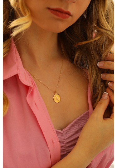Moom Mücevherat Kadın 14 Ayar Altın Harf Kolye Nostaljik Oval A Harfi Altın Kolye Zincirli 42 Cm
