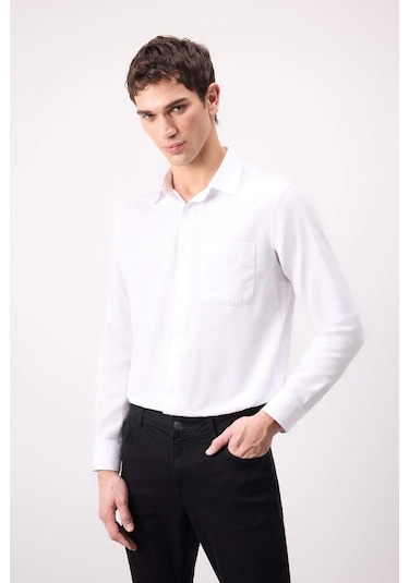 DeFacto Modern Fit Polo Yaka Basic Düz Uzun Kollu Beyaz Gömlek E5045AX25SMWT34