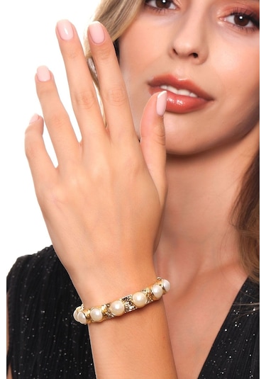Kadın Altın Renk Lak Kaplama Sıralı İnci Detaylı Ayarlanabilir Kelepçe Bileklik Altın
