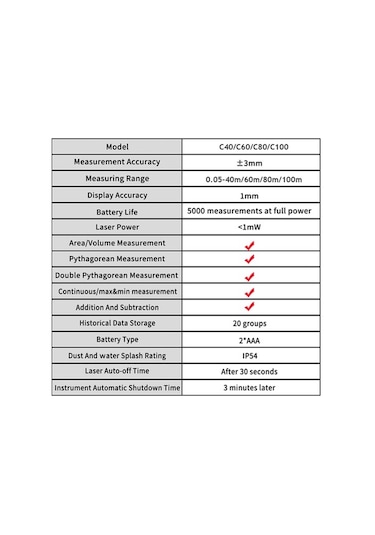 Pazly Aneng C40 Yüksek Hassasiyetli Mesafe Ölçer, 40m-100m Ölçüm Aralığı, Ip54 Su Geçirmez, 3mm Doğruluk