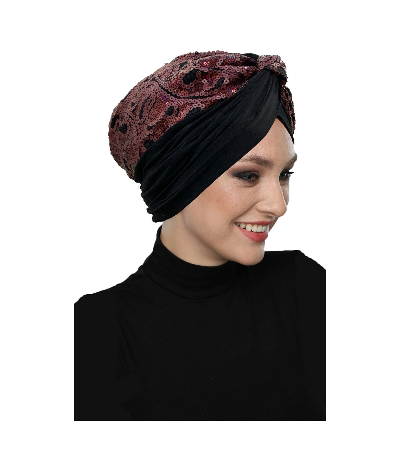 Özel Tasarım Siyah Üzeri Bordo Desenli Payetli Astarlı Hazır Türban Tesettür Abiye Bone Siyah27