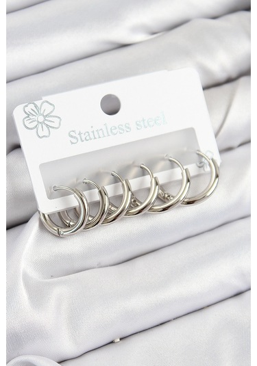 316l Çelik Halka Model Gümüş Renk 3'lü Set Kadın Küpe Çok Renkli