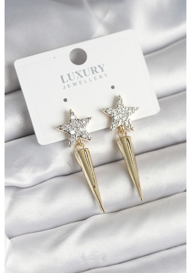 Pirinç Gold Renk Zirkon Taşlı Yıldız Model Çivi Kadın Küpe Çok Renkli