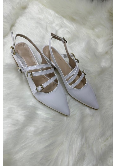 Günlük Kadın Rugan Sivri Burunlu Ayarlanabilir Kemerli Baretli Kısa Blok Topuklu Ayakkabı 455 - 54 Beyaz