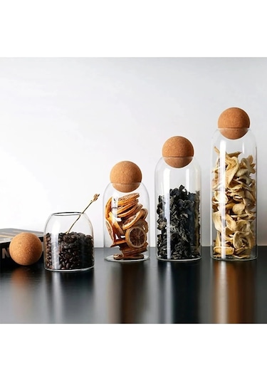 4'lü Top Mantar Kapaklı Cam Kavanoz Ve Baharatlık Seti Düz Şeffaf