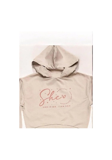 Kız Çocuk Kapüşonlu She Is Me Yazılı Eşofman Takım-15365 Bej