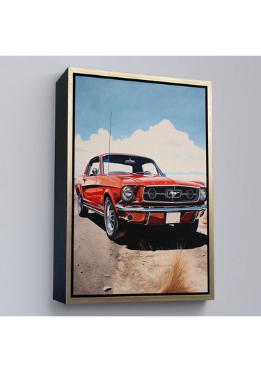 Ahşap Çerçeveli Kırmızı Mustang Tablo-7971