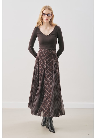 Ekose Desenli Şifon Etek Kahve Aw25etk00011-21 Kahve