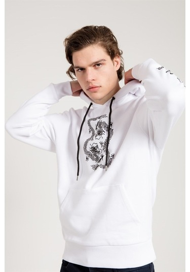 Jahr Marc Dragon Baskılı Beyaz Oversize Erkek Sweatshirt Beyaz