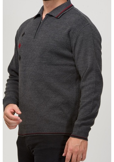 Kamalı Erkek Çelik Örgü Intarsia Gofra Desen Fermuarlı Polo Yaka Tüylenmez Premium Triko Kışlık Baba Kazak Gri