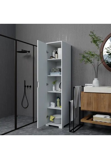 Duru 40 Cm Mat Beyaz 5 Raflı Kiler Tek Kapılı Banyo Ve Elbise Dolabı - Gardırop Beyaz