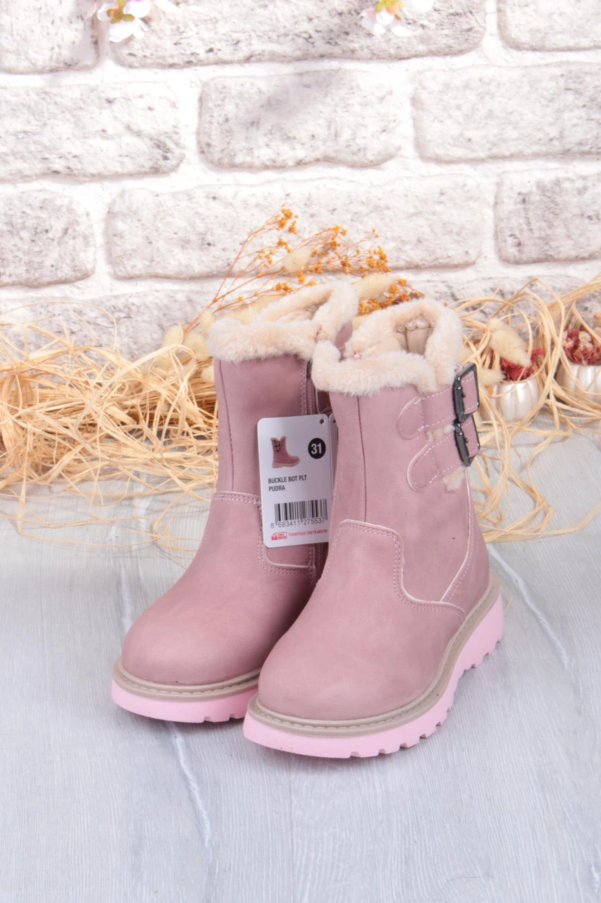 Fort Cool Buckle Anatomik Sıcak Astar Kaymaz Taban Kız Çocuk Çizme Pudra