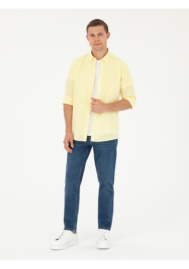 Cacharel Sarı Slim Fit Keten Karışımlı Gömlek