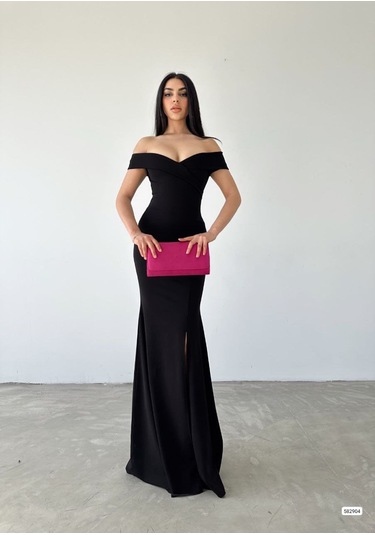 Kadın Dalgıç Kumaş Kayık Yaka Ve Dekolte Detaylı Elbise Siyah