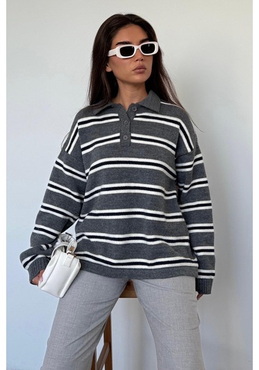 Antrasit Polo Yaka Çizgili Kadın Triko Kazak Mg2469 Antrasit